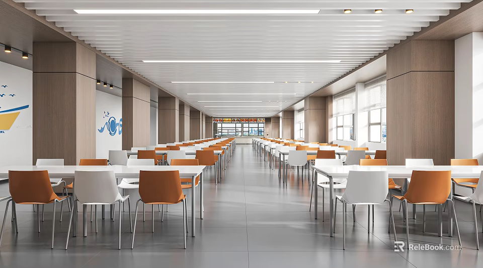 Modern Bright Cafeteria Interior With White Tables And Orange White Chairs 3d model 