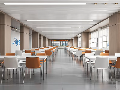 Modern Bright Cafeteria Interior With White Tables And Orange White Chairs 3d model