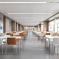Modern Bright Cafeteria Interior With White Tables And Orange White Chairs