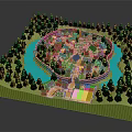 Cartoon Village Scene With Small Brown Houses Surrounded By Green Trees And Blue River