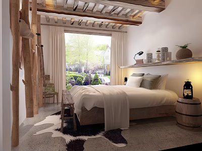 Rustic Hotel Room With Peeled Wooden Beams Cozy Bed Large Window And Garden View 3d model