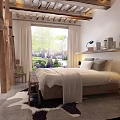 Rustic Hotel Room With Peeled Wooden Beams Cozy Bed Large Window And Garden View