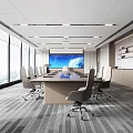 Modern Conference Room with large windows long conference table wheel chairs and large screen 3d model