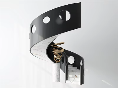 Modern Spiral Staircase Design With Black Handrail Circular Holes And Gold Spiral Structure 3d model