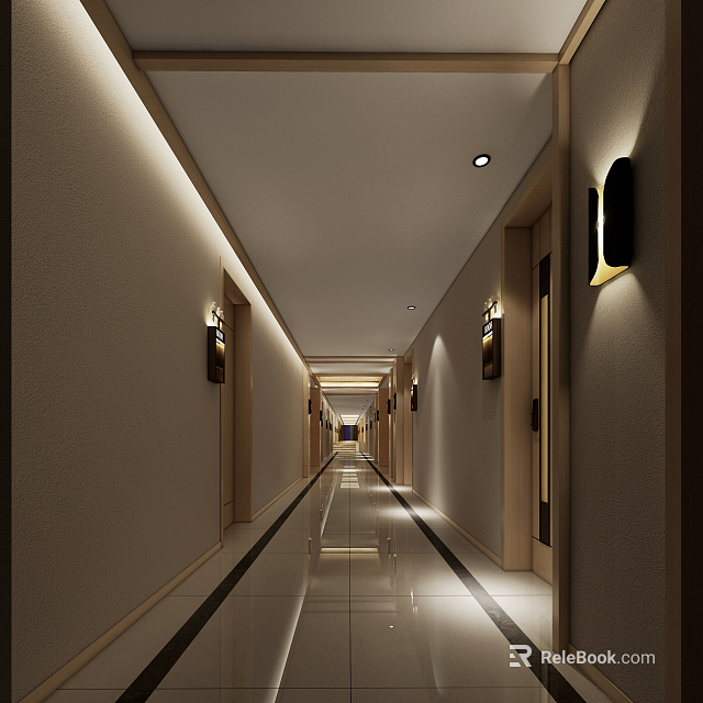 Modern Hotel Corridor Interior With Wall Lamps And Polished Floor Tiles 3d model 