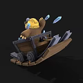 Cute Cartoon Bear Riding In Wooden Mine Cart With Hard Hat And Ice Cubes