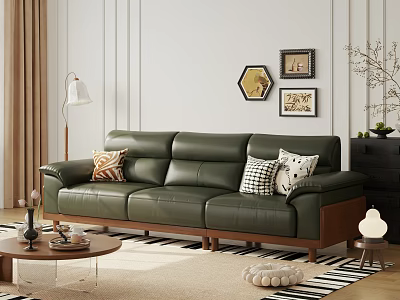 Green Leather Sectional Sofa with Decorative Pillows and Wooden Legs in Modern Living Room 3d model