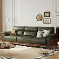 Green Leather Sectional Sofa with Decorative Pillows and Wooden Legs in Modern Living Room
