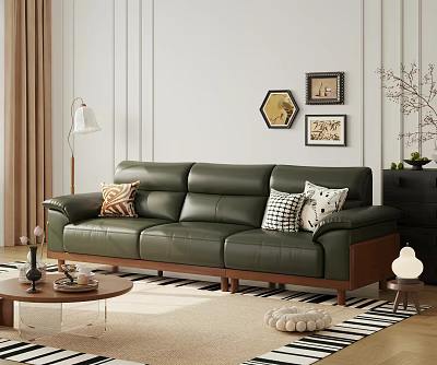 Green Leather Sectional Sofa with Decorative Pillows and Wooden Legs in Modern Living Room 3d model