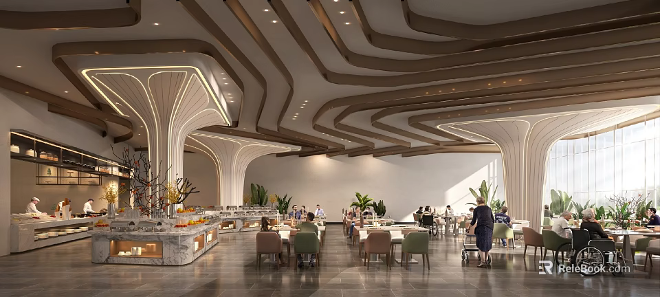 Modern Banquet Hall with Curved Wooden Ceiling Structure Buffet Stations Dining Area and Plant Decorations 3d model 
