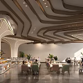 Modern Banquet Hall with Curved Wooden Ceiling Structure Buffet Stations Dining Area and Plant Decorations