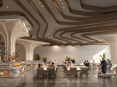 Modern Banquet Hall with Curved Wooden Ceiling Structure Buffet Stations Dining Area and Plant Decorations 3d model