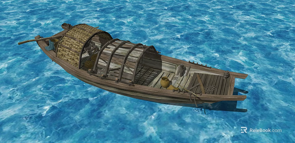 Classic Wooden Boat With Thatched Roof And Wooden Frame On Blue Water 3d model 