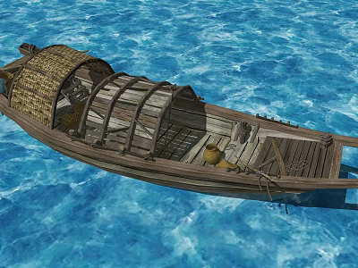 Classic Wooden Boat With Thatched Roof And Wooden Frame On Blue Water 3d model