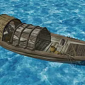 Classic Wooden Boat With Thatched Roof And Wooden Frame On Blue Water