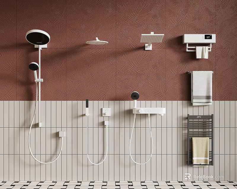 Bathroom Shower Accessories With Wall Mounted Heads Towel Racks On Brown White Tiled Wall 3d model 
