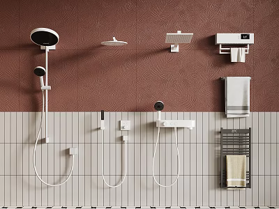 Bathroom Shower Accessories With Wall Mounted Heads Towel Racks On Brown White Tiled Wall 3d model