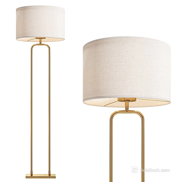 Modern Floor Lamp with Golden Metal Pole and Linen Fabric Shade 3d model 