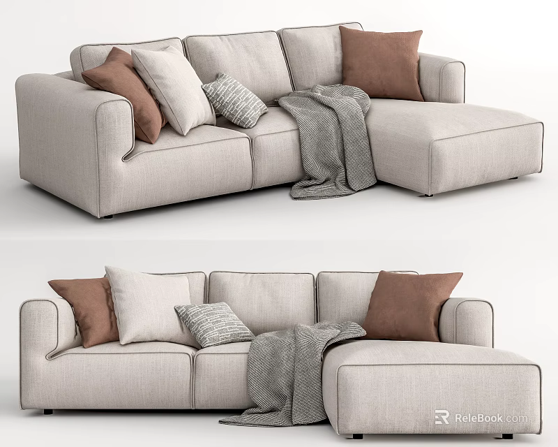 Modern Beige Sectional Sofa With Brown And Gray Pillows And Throw Blanket 3d model