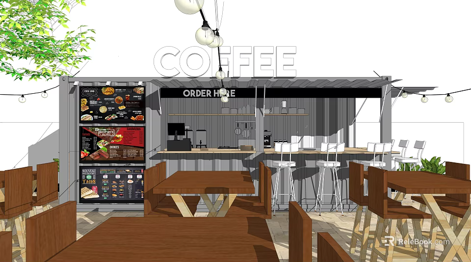 Coffee Shop Interior With Order Here Counter Menu Display Tables And Hanging Lights 3d model 
