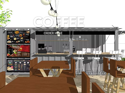 Coffee Shop Interior With Order Here Counter Menu Display Tables And Hanging Lights 3d model