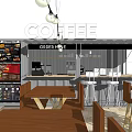 Coffee Shop Interior With Order Here Counter Menu Display Tables And Hanging Lights