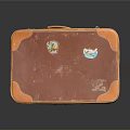Vintage Brown Suitcase With Orange Trim Colorful Stickers And Worn Texture