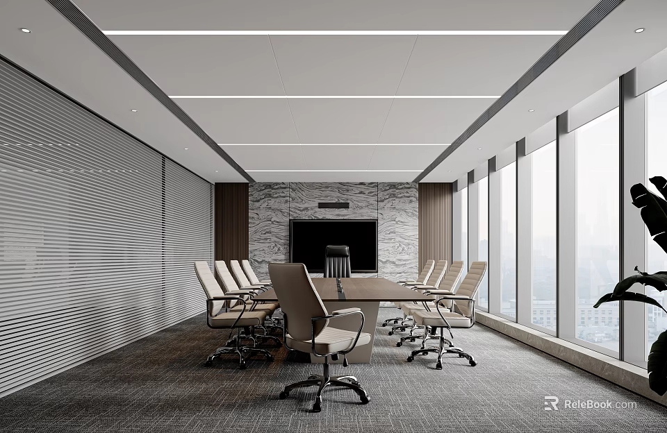 Modern Meeting Room Interior With Long Table Chairs Stone Wall TV Large Windows Blinds Gray Carpet 3d model 