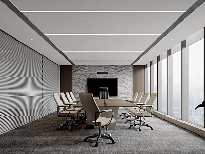 Modern Meeting Room Interior With Long Table Chairs Stone Wall TV Large Windows Blinds Gray Carpet 3d model