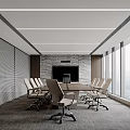Modern Meeting Room Interior With Long Table Chairs Stone Wall TV Large Windows Blinds Gray Carpet