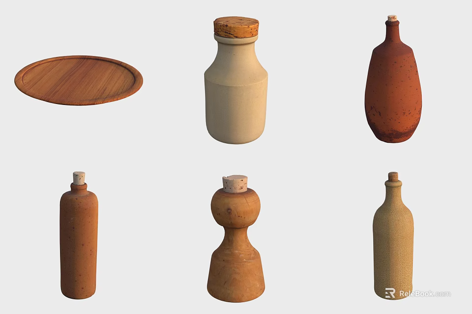 Ceramic And Terracotta Spice Bottles With Diverse Shapes And Wooden Tray 3d model 