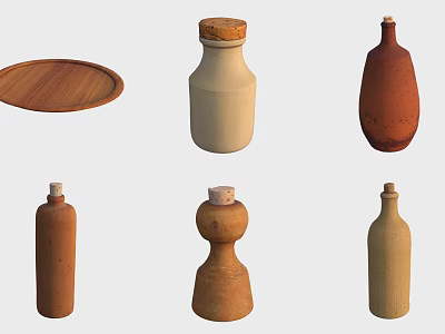 Ceramic And Terracotta Spice Bottles With Diverse Shapes And Wooden Tray 3d model