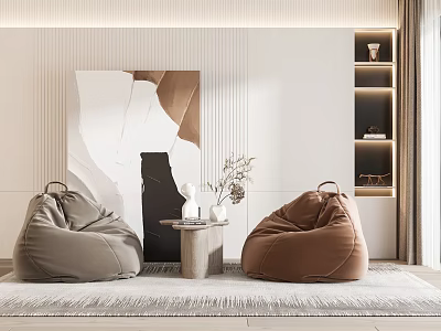 Bean Bag Chairs Gray and Brown Living Room Interior with Decorative Painting and Small Table 3d model