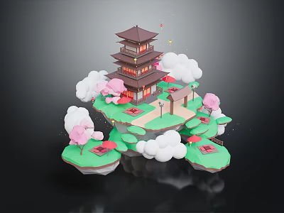 Traditional Multi Story Pagoda Architecture On Floating Islands With Cherry Blossom Trees And Lanterns 3d model