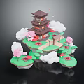 Traditional Multi Story Pagoda Architecture On Floating Islands With Cherry Blossom Trees And Lanterns