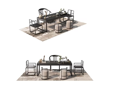 Modern Chinese Style Wooden Tea Table and Chairs with Round Stools on Rug 3d model