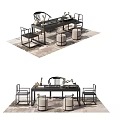 Modern Chinese Style Wooden Tea Table and Chairs with Round Stools on Rug