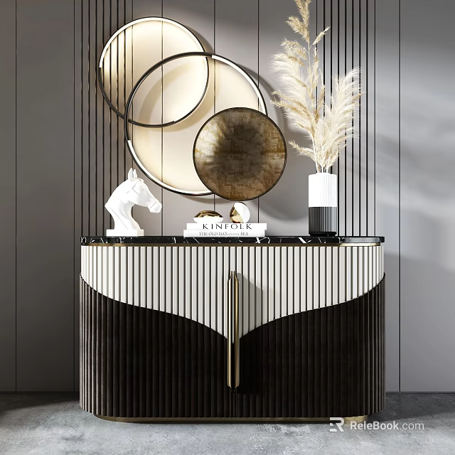 Elegant Entryway Console Table Marble Surface Striped Body Gold Accents Decorative Mirrors And Horse Statue 3d model 