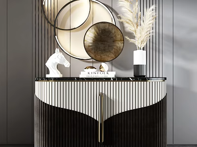 Elegant Entryway Console Table Marble Surface Striped Body Gold Accents Decorative Mirrors And Horse Statue 3d model