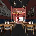 Modern Restaurant Interior with Red Blue Walls Wooden Tables Chairs Menu Posters and Pendant Lights