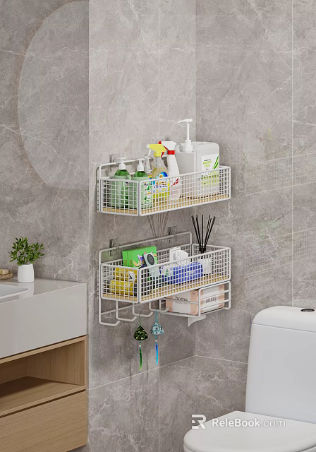 Bathroom Essentials Organized with Wall Mounted Metal Storage Racks and Toiletries 3d model 