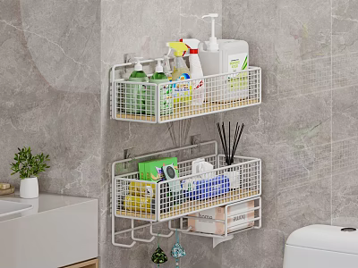 Bathroom Essentials Organized with Wall Mounted Metal Storage Racks and Toiletries 3d model