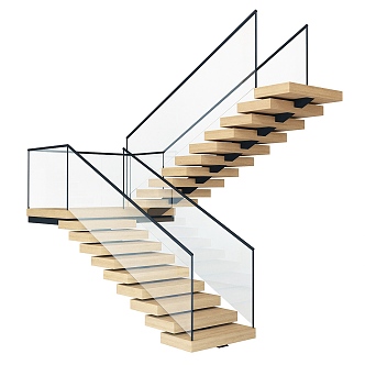 Modern Stair Wooden Handrail Stair Glass Railing Fence 3d model