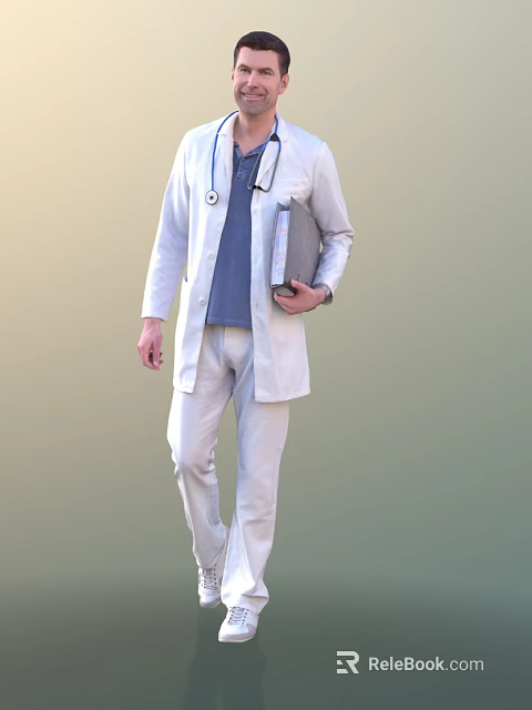 Man Wearing White Doctor Coat With Stethoscope Holding Medical Folder 3d model 