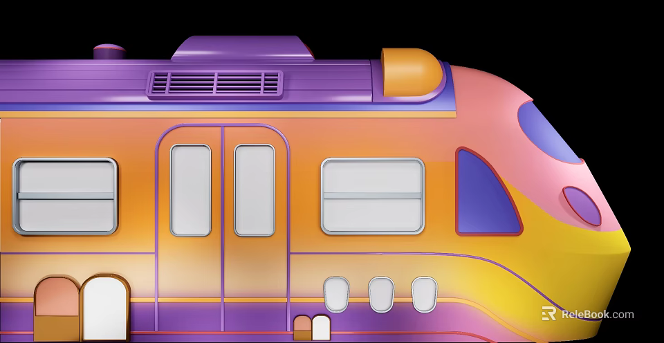 Activity Exhibition Wall Featuring Colorful Cartoon Train with Purple Orange Pink Yellow Doors Windows Vents 3d model 