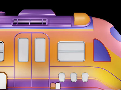 Activity Exhibition Wall Featuring Colorful Cartoon Train with Purple Orange Pink Yellow Doors Windows Vents 3d model