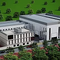 Modern Industrial Factory Building With Green And White Walls Trees Front Parking And Entrance Steps