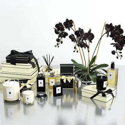 Luxury Bathroom Accessories Featuring Scented Candles Perfume Bottles Black Orchids And Gift Boxes 3d model