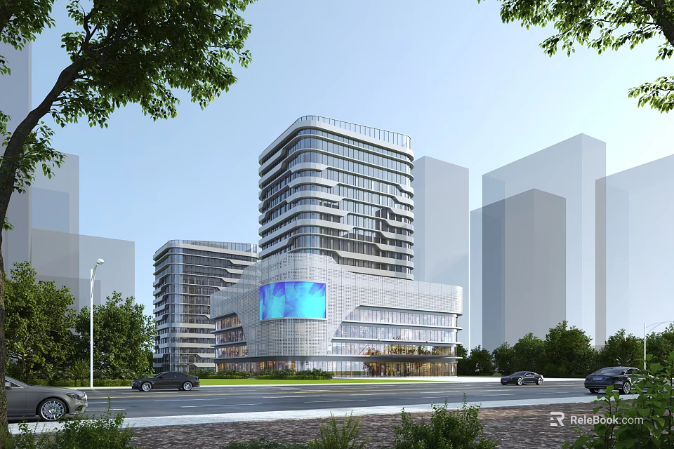 Modern High Rise Building Exterior With Glass Curtain Wall Urban Landscape And Vehicles 3d model 