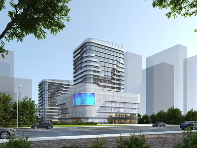 Modern High Rise Building Exterior With Glass Curtain Wall Urban Landscape And Vehicles 3d model